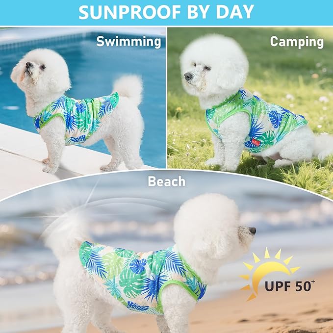 KYEESE 2 Pack Dog Shirts Hawaii Lightweight Breathable Pet T Shirt for Small Dogs Quick Dry Sleeveless Puppy Shirt with Reflective Bone Patterned Clothes, Great for Summer with UV Protection, Small
