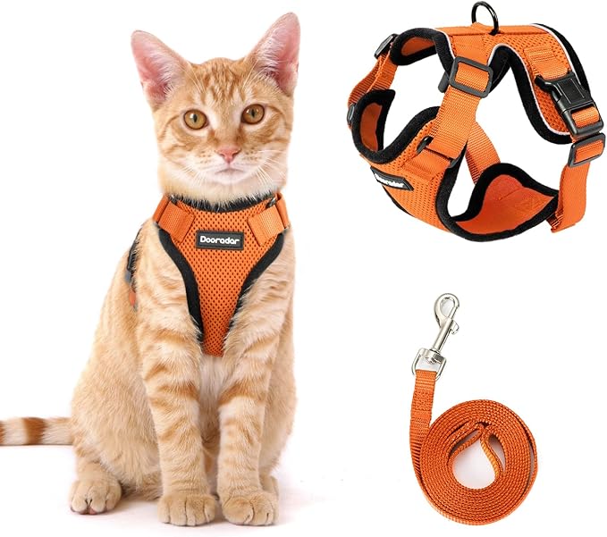 Dooradar Cat Harness and Leash Set, Escape Proof Safe Adjustable Kitten Vest Harnesses for Walking, Easy Control Soft Breathable Mesh Jacket with Reflective Strips for Cats, Orange, S