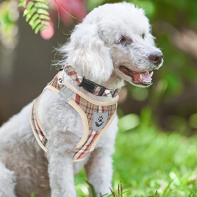 PUPTECK Adjustable Dog Harness Collar and Leash Set Step in No Pull Pet Harness for Small Medium Dogs Puppy and Cats Outdoor Walking Running, Soft Mesh Padded Reflective Vest Harnesses, Khaki L