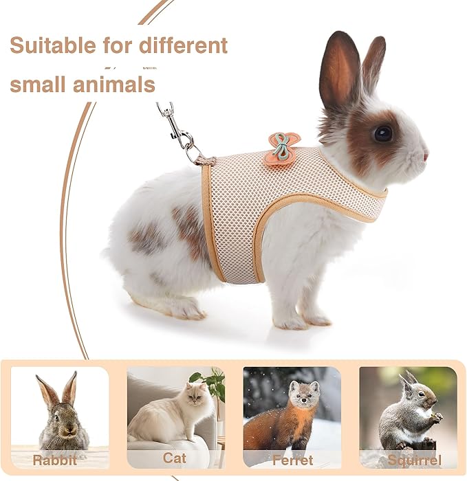 Rabbit Harness and Leash Set with Cute Bow tie Buckle Breathable Mesh Vest Harness for Rabbits Kitten Small Pets Pig Walking(L: Chest Girth 11.02-13.38IN, Khaki)