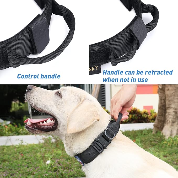 Hotsky Tactical Dog Collar, Adjustable Military Training Nylon Airtag Collar with Handle and Heavy Duty Metal Buckle for Medium Large Dogs, with Airtag Holder and Two Patches(Black,L)