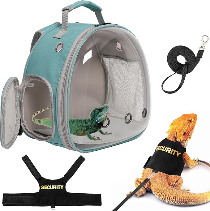 Lizard Carrier Backpack with Security Printing Harness Leash Set, Reptile Bearded Dragon Space Capsule Astronaut Clear Bubble Window Travel Carrier for Small Animal Guinea Pig(Green, Security Harness)