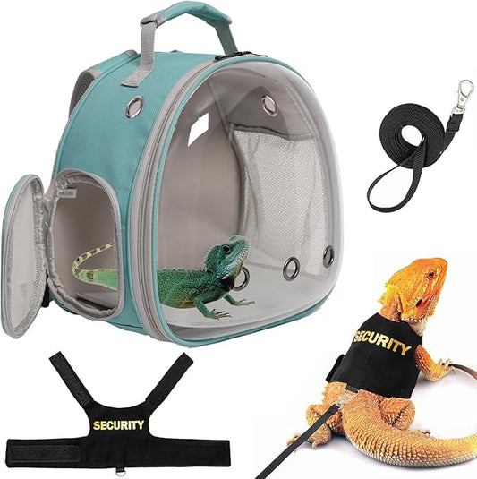 Lizard Carrier Backpack with Security Printing Harness Leash Set, Reptile Bearded Dragon Space Capsule Astronaut Clear Bubble Window Travel Carrier for Small Animal Guinea Pig(Green, Security Harness)