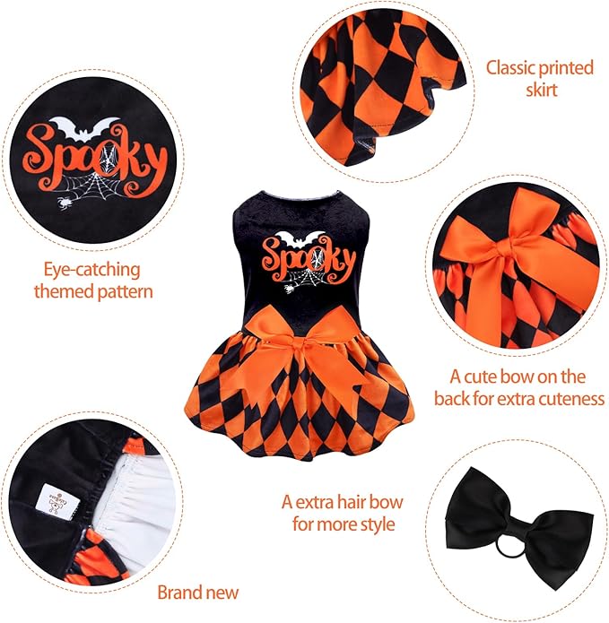 CuteBone Halloween Dog Dresses Velvet Holiday Small Dogs Clothes Onesie Pet Apparel Girl Puppy Skirt with Bow Hair Rope CVA42XS-D