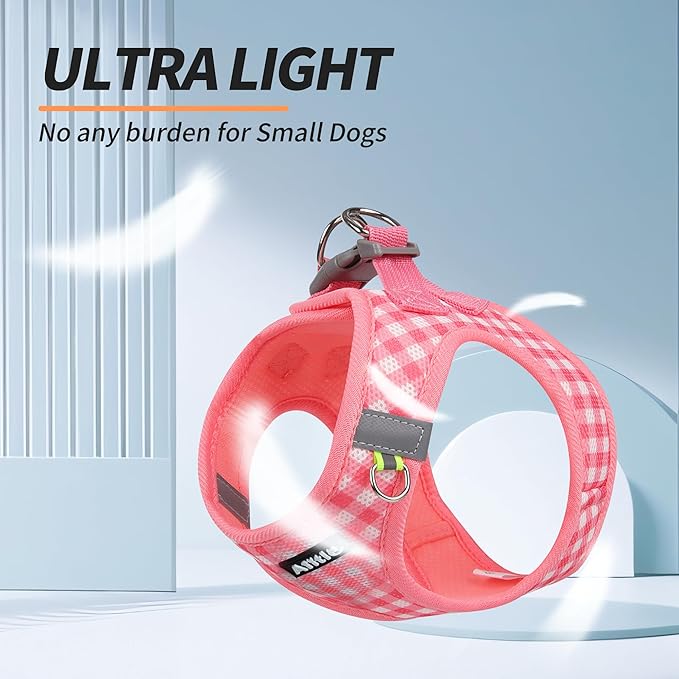 AIITLE Small Dog Harness and Leash Set, Step in No Pull Pet Harness, Soft Mesh Reflective Plaid Vest Harnesses for Small Dogs Puppy and House Cats Outdoor Walking Running Watermelon XS