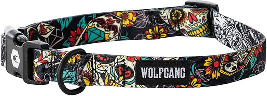 Wolfgang Heavy Duty, Adjustable Dog Collar with Quick Release Nylon Buckle for Walking & Training, LosMuertos Print, Large