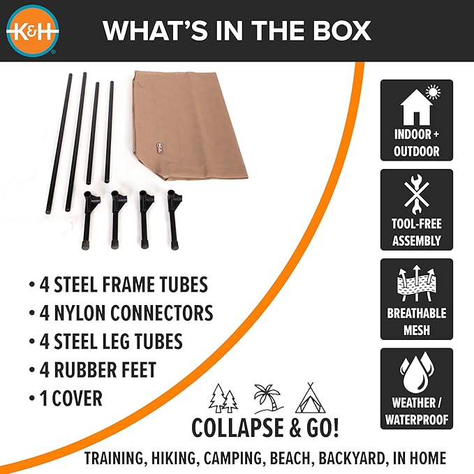 K&H Pet Products Outdoor Elevated Dog Cot, Cooling Raised Bed with Waterproof Breathable Mesh for Large Dogs, Portable Place Bed with Heavy-Duty Metal Frame, Big Hammock Style - Large Tan