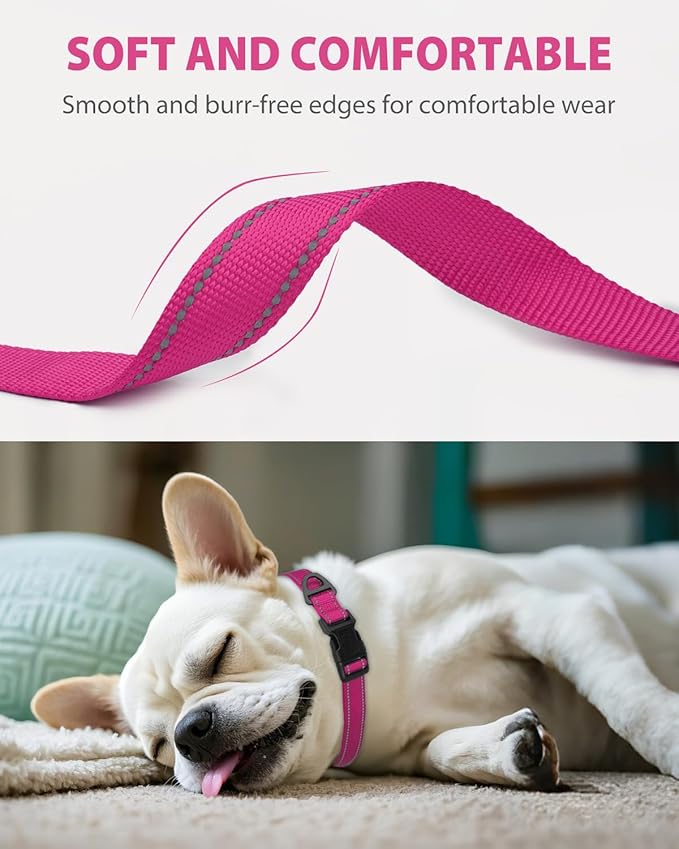Joytale Small Dog Collar, Reflective and Adjustable Nylon Collar with Quick-Release Buckle, Lightweight No-Choke Design for Small Dogs, Hotpink, 3/4" Width