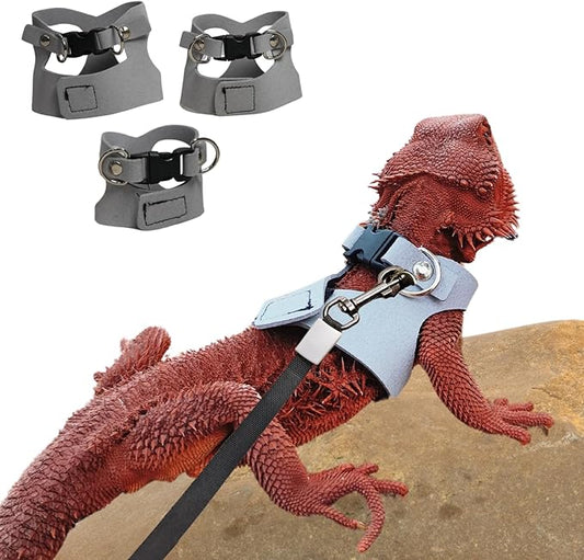 3 Pack Bearded Dragon Harness and Leash Set - Adjustable Soft Leather Lizard Harness with Retractable Leash Small Animal Traction Rope Walking Vest Accessories for Reptile Squirrel Rat (Grey)