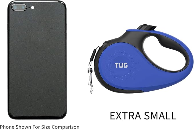 TUG Tiny 360° Tangle-Free Retractable Dog Leash with Anti-Slip Handle | 10 ft Nylon Tape | One-Handed Brake, Pause, Lock (Blue)