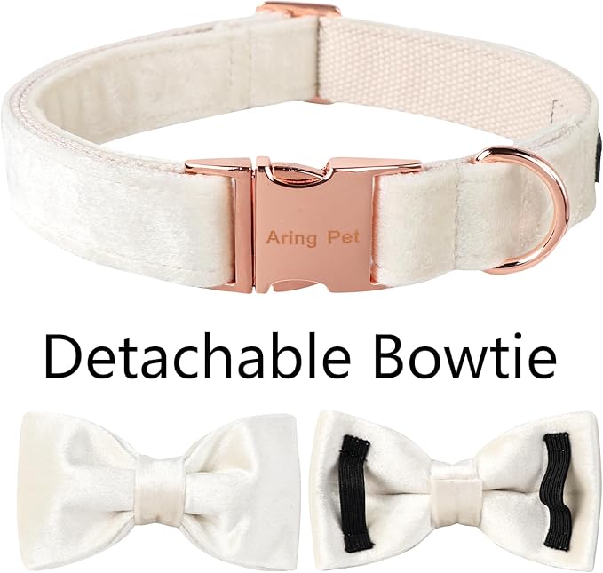 ARING PET Bowtie Dog Collar-Velvet Dog Collars with Detachable Bowtie, White Wedding Soft Dog Collar,Small.