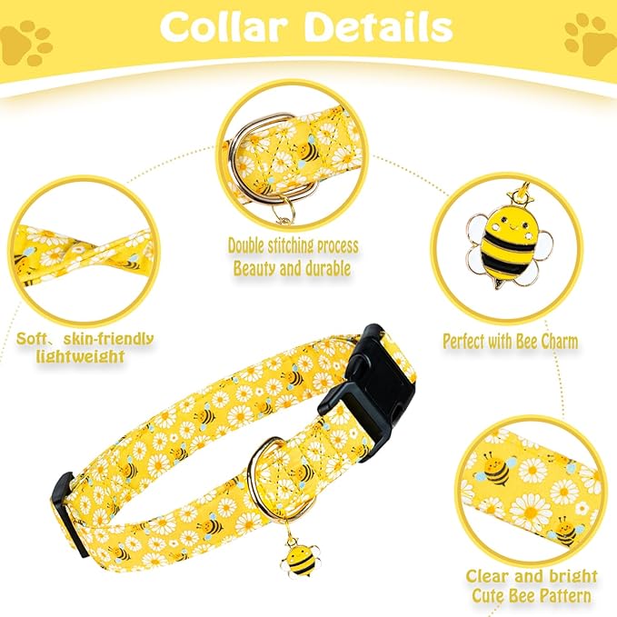 Cute Cotton Dog Collar for Small Medium Large Dogs Special Design Cute Yellow Bee Dog Collar for Boy Girl Dogs Soft Adjustable Bees Puppy Collars for Male Female Dogs Pet Collar