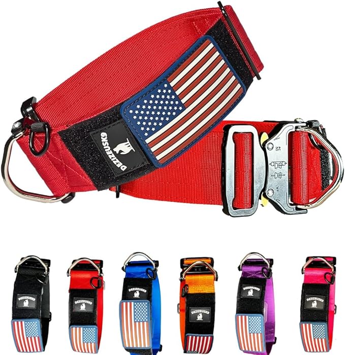 Tactical Dog Collar 2 Inch Wide Thick Heavy Duty Military Style with Metal Buckle, Adjustable for Medium - Large Breeds, Durable K9 Training Gear with Patch Area, USA Flag Patch, Strong and Secure Fit