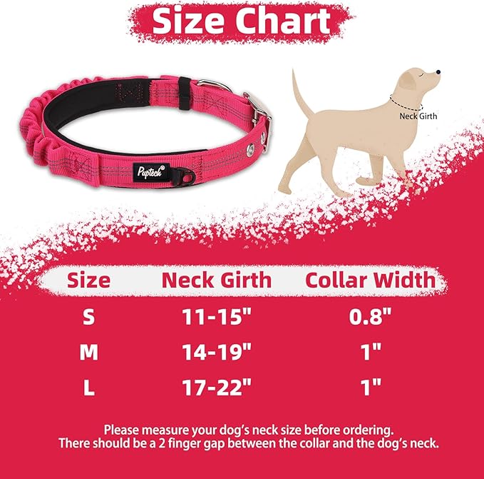 PUPTECK Heavy Duty Dog Collar with Handle Bungee for Small Medium Large Dogs, Tactical Dog Training Collar for Easy Control, Reflective Padded Dog Collars for Walking Running, Deep Pink, M