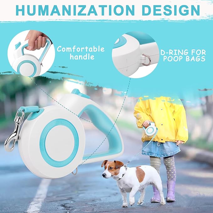 16Ft Retractable Dog Leash,Night Reflection,Light Weight Leash for Small to Dogs/Cats,Stainless SteelSpring,Strong Nylon Tape,One-Handed Brake(Blue-White)