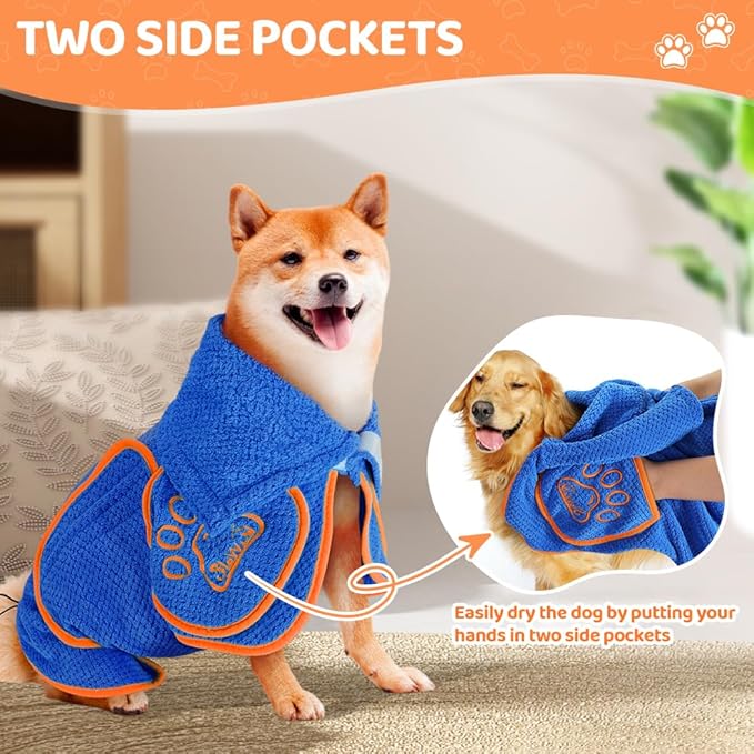 SlowTon Dog Bathrobe Towel - Super Absorbent Microfiber Pet Quick Drying Towel, Wearable Soft Bath Robes for After Bath Shower Swim Wet Walk, Adjustable for Small Middle Large Dogs (Blue, XS)