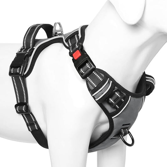 Timos Dog Harness Small Sized, No Pull with Neck Lockable Snap,No Choke Front Clip Dog Reflective Harness,Adjustable Metal Rings 3 Buckles,Easy Control Handle for Small Dogs Gray XS