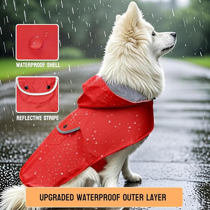 Small Dog Raincoat Rain Jacket for Puppy Dogs Reflective Lined Breathable Poncho Rainwear Waterproof Pet Clothes Pocket Hooded Leash Hole Adjustable,Red,XS,Back Length 6.3 Inch
