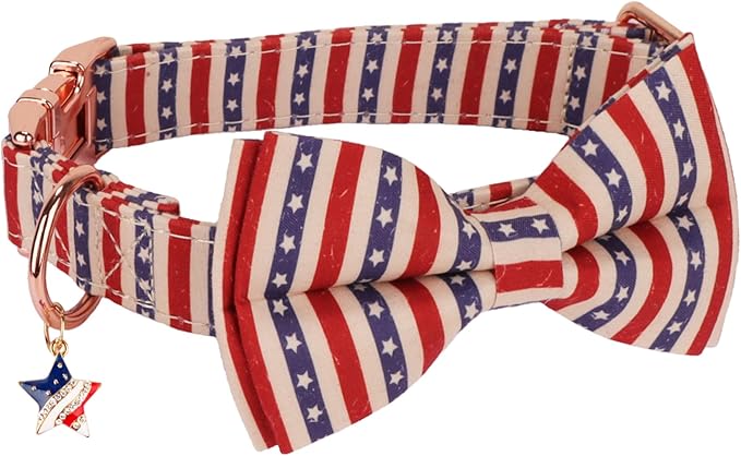 ADOGGYGO American Flag Dog Collar with Bow, Detachable Striped Star Bow, Metal Buckle, Adjustable Patriotic 4th of July Collars for Large Dogs Boy Girl Male Female (Large)