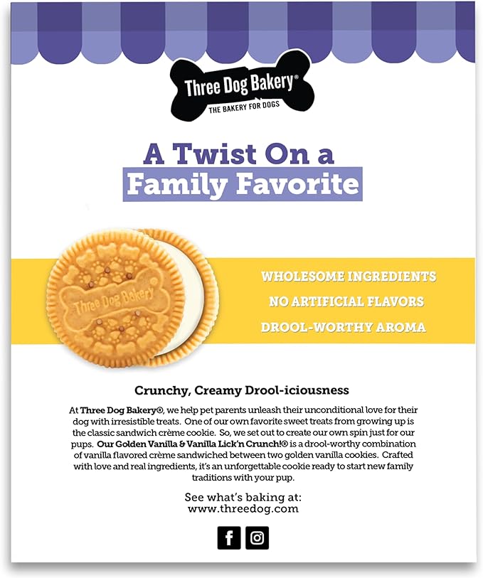 Three Dog Bakery Lick'n Crunch! Golden & Vanilla Dog Sandwich Cookies, 20 Count – Dog Treat Cookies, Puppy Cookies with Real Ingredients, Dog Birthday Cookies, Dog & Puppy Training Treats