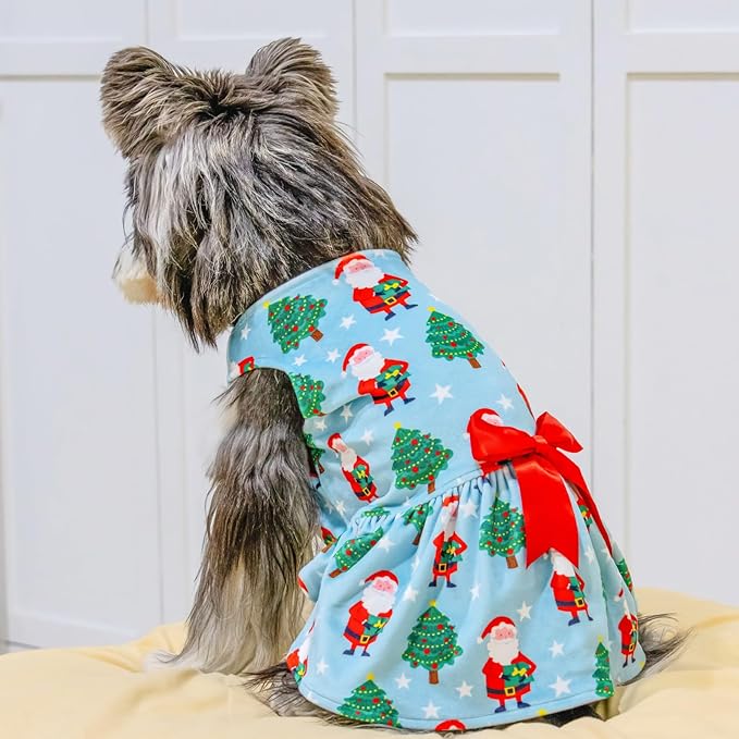 CuteBone Dog Dresses Christmas Outfit Velvet Holiday Small Dogs Clothes Onesie Pet Apparel Girl Puppy Skirt with Bow Hair Rope CVA34S
