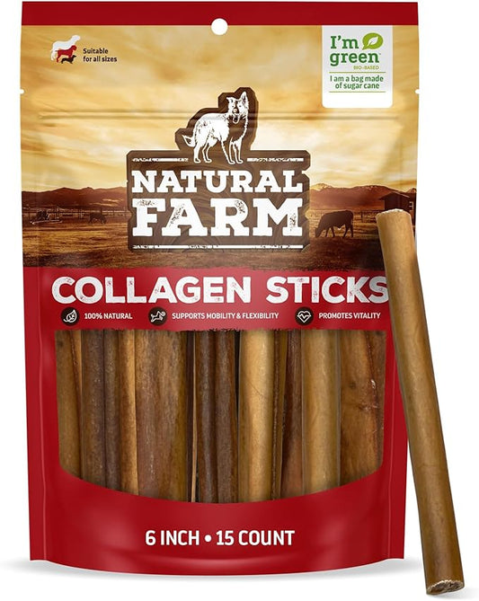Natural Farm Collagen Sticks (6 Inch, 15 Pack). Odor-Free, 95% Natural Collagen Dog Chews, Supports Healthy Joints, Skin & Coat - Best Rawhide Alternative for Small & Medium Dogs