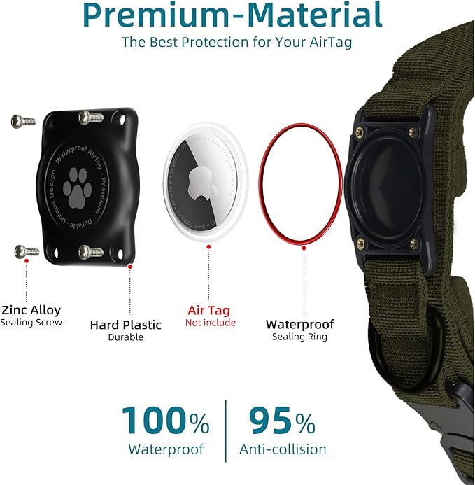 Tactical AirTag Dog Collar, 100% Waterproof Integrated Apple Air Tag Dog Collars with Hard PC AirTag Holder, Adjustable Military Collar with Handle, GPS Dog Collar for Medium Large Dogs