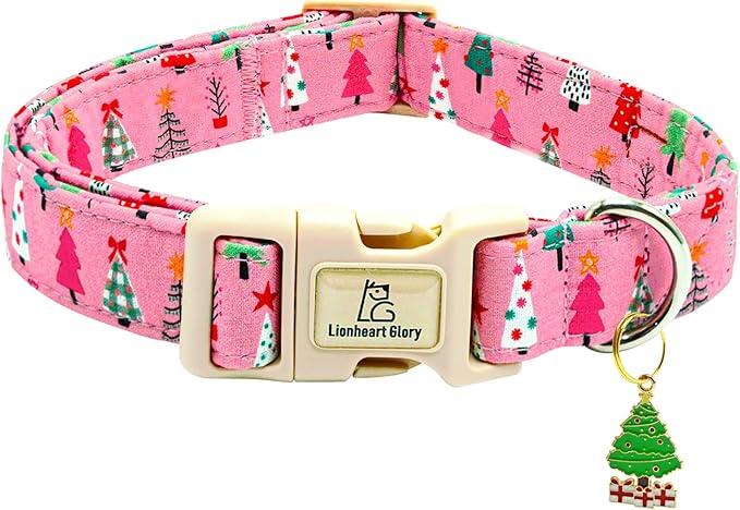 Lionheart Glory Christmas Dog Collar, Pink Christmas Tree Adjustable Soft Comfortable Collar for Medium Dogs for Girls or Boys