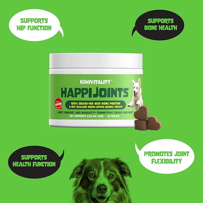 HappiJoints Hip and Joint Supplement Treats for Dogs, Cats • 100% Grass-Fed Beef Bone Collagen New Zealand Green-Lipped Mussels • 200 Treats 2-Pack