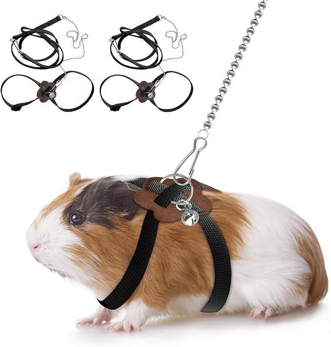 2 Pack Adjustable Hamster Leash Harness for Harness for Ferret Baby Rabbit Hamster Rat Mouse Leash Lead with Bell (Black)