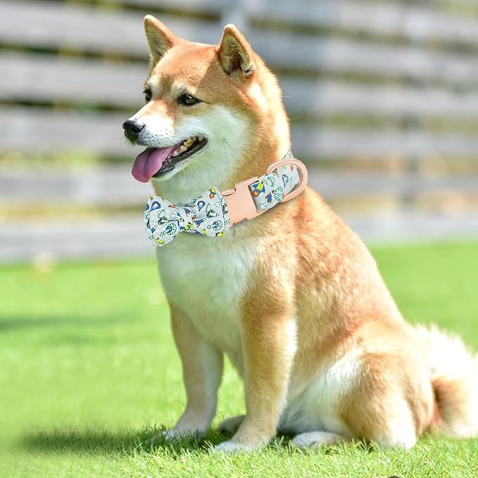 Dog Collar and Leash Set Adjustable Girls Puppy Floral Collars with Bow Tie for Small Medium Large Dogs(L, Rocket)