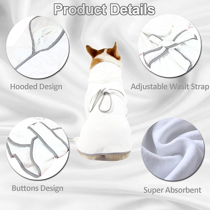 Dog Bathrobe, Microfiber Fast Drying Absorbent Hooded Bath Towel White for Puppy Small Medium Large Dog Cat (L, White)