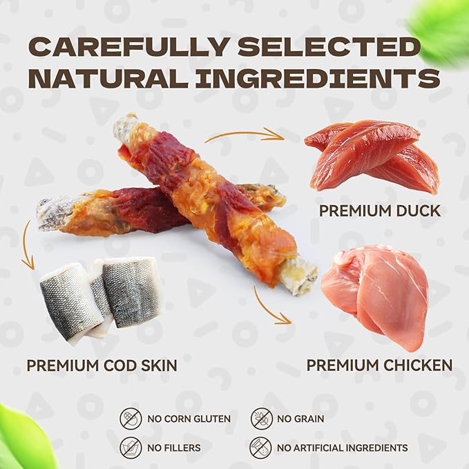 Chicken Duck Wrapped Cod Skin Dog Treats, High Protein Chicken Duck Dog Training Jerky Treats Rawhide-Free Long-Lasting Chews Snacks for Medium and Large Breed 10.54oz