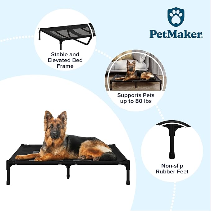 PETMAKER Elevated Dog Bed - 36x30-Inch Portable Pet Bed with Non-Slip Feet - Indoor/Outdoor Dog Cot or Puppy Mattress for Pets up to 80lbs (Black)