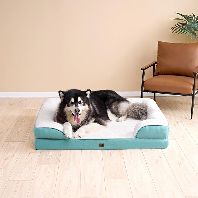 EHEYCIGA Orthopedic Dog Beds for Large Dogs, Waterproof Memory Foam Large Dog Bed with Sides, Non-Slip Bottom and Egg-Crate Foam Pet Couch Bed with Washable Removable Cover, Turquoise Blue
