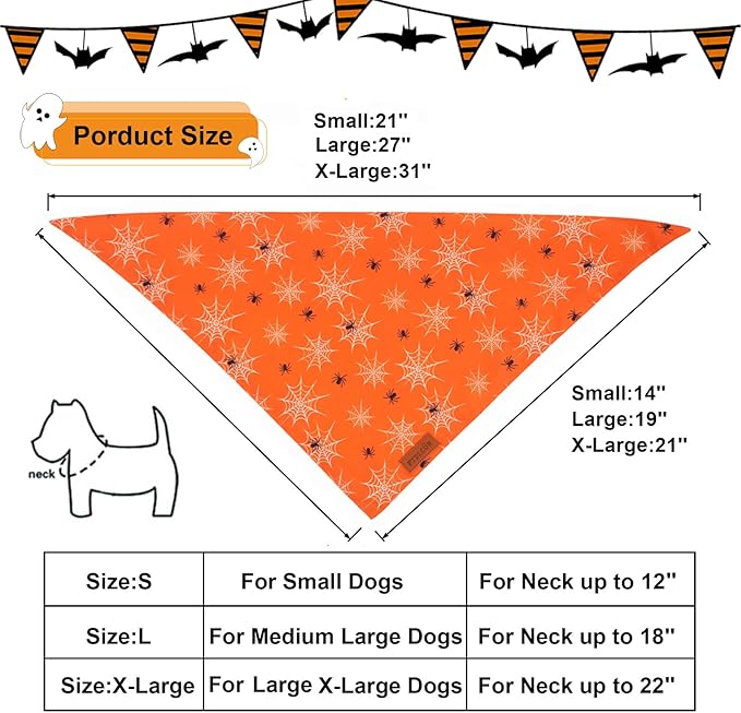 PTDECOR Halloween Dog Bandana, Reversible Holiday Pet Puppy Scarf, Multi Size, Triangle Halloween Bandanas for Small Dogs Puppies Cats (Orange, Small)