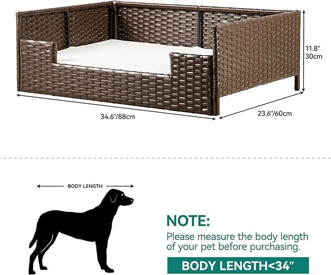 YITAHOME Rattan Dog Sofa Bed with Cushion,Wicker Pet Bed Sofa Couch Indoor Outdoor Water Resistant for Large Medium Small Dogs Cats (34.6''L*23.6''W*11.8''H,Beige)