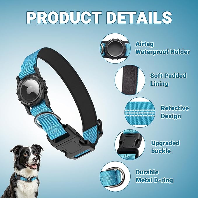 AirTag Dog Collar and Leash, IP68 Waterproof Integrated with Reflective, Ultra-Durable, Comfortable Padded, Heavy Duty Dog Collars for Small Medium Large Dogs, M (12.6"-17.1"), Blue