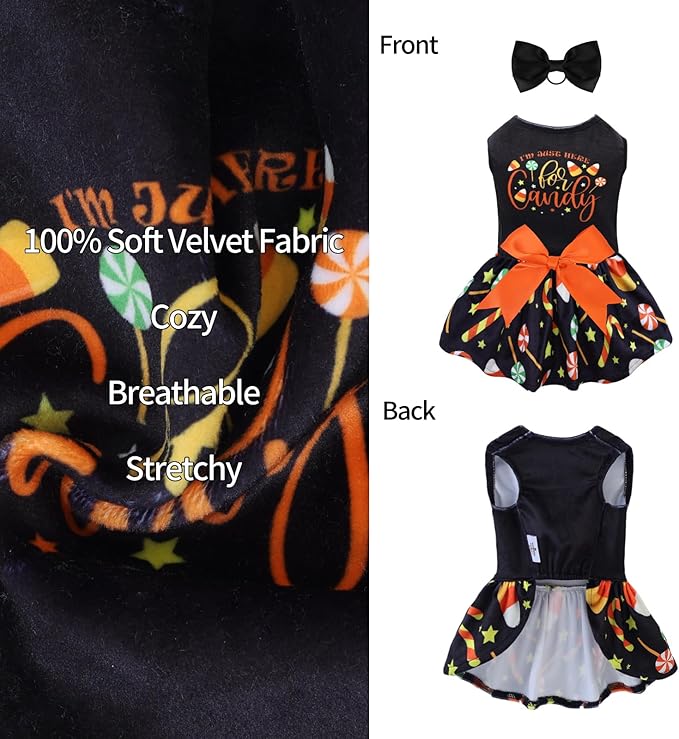 CuteBone Halloween Dog Dresses Velvet Holiday Small Dogs Clothes Onesie Pet Apparel Girl Puppy Skirt with Bow Hair Rope CVA44S-D