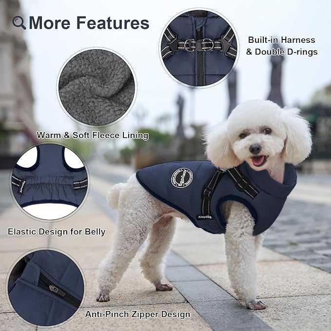 Warm Coat for Dogs, Fashion Sports Jacket with Built-in Harness, Adjustable Pet Vest - Waterproof and Reflection, Navy