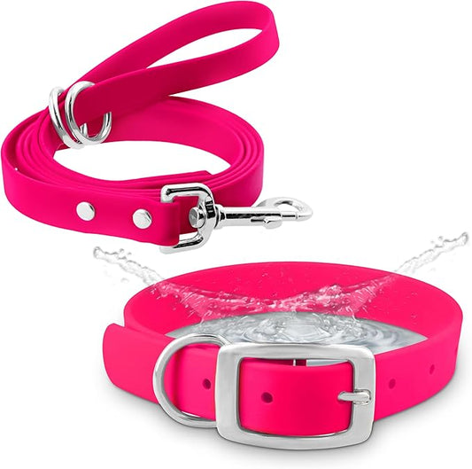 Regal Dog Products Small Pink Waterproof Dog Collar and Leash Set | Heavy Duty Double Buckle & D Ring - 5'ft Leash | Adjustable Biothane Dog Collar | Chew Resistant Waterproof Collar for Dogs
