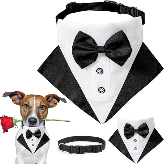 Tuxedo Costume Black Wedding Bandana Nylon Collar Suit With Bow Tie Adjustable Tux Formal Clothes for Small Medium Large Dogs Pet Halloween Birthday Christmas Dress Outfits