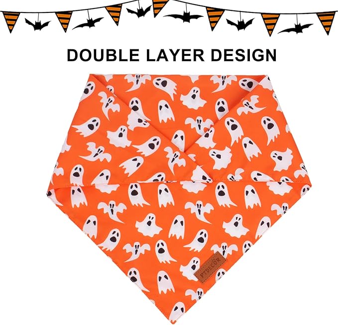 PTDECOR Halloween Dog Bandana, Reversible Holiday Pet Puppy Scarf, Multi Size, Triangle Halloween Bandanas for Medium Large Dogs Pets (Orange, Large)