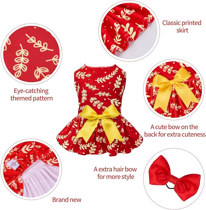 CuteBone Dog Christmas Dresses Outfit Velvet Holiday Small Dogs Clothes Onesie Pet Apparel Girl Puppy Skirt with Bow Hair Rope CVA30M