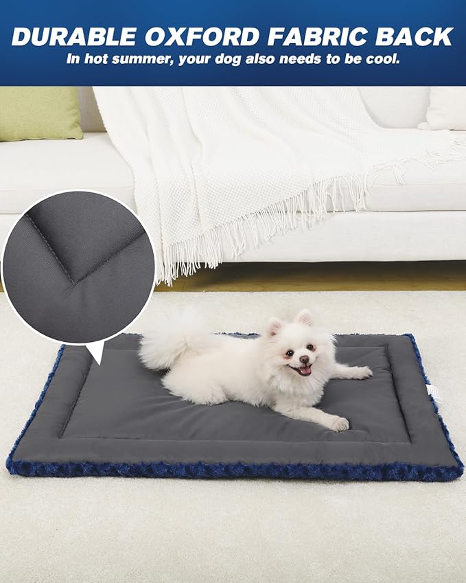 Washable Dog Bed Mat Reversible Dog Crate Pad Soft Fluffy Pet Kennel Beds Dog Sleeping Mattress for Large Jumbo Medium Small Dogs, 35 x 22 Inch, Blue