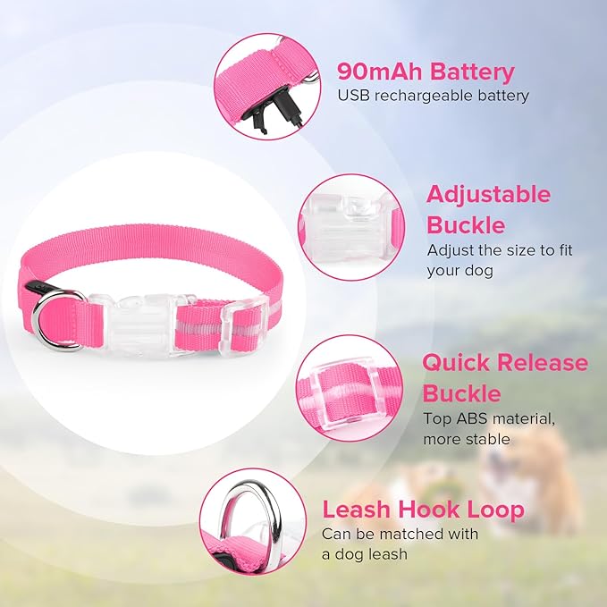 Led Dog Collar for Night Walking,Rechargeable Light Up Dog Collar Led Color,Glow in The Dark Dog Collars Waterproof for Small Medium Large Dogs (Pink, Medium)