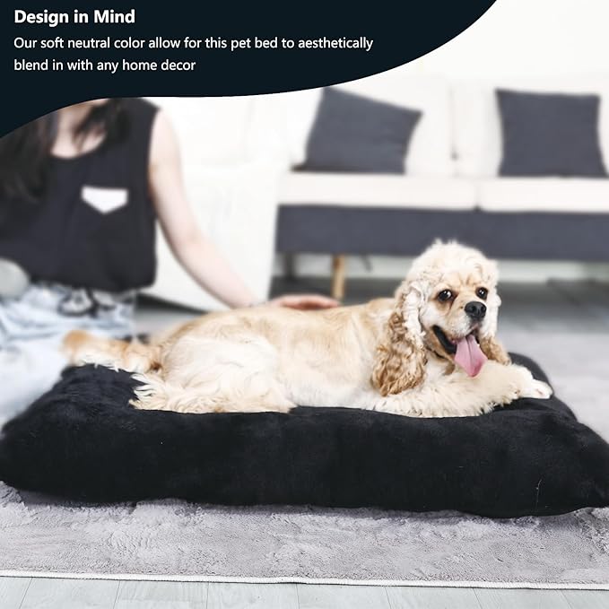 Dog Beds for Crates 36 x 24 Washable,Extra Soft Crate Pads for Dog Cages 36 with Anti-Slip Bottom,Deluxe Faux Fur Pet Sleeping Mat Helps Ease Pet Anxiety,Black