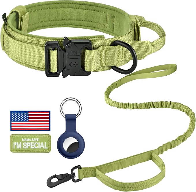 DAGANXI Tactical Dog Collar, Adjustable Military Training Nylon Dog Collar with Control Handle and Heavy Metal Buckle for Medium and Large Dogs, with Patches and Airtags Case (XL, Spring Grass-Set)