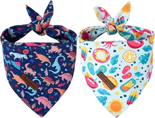 Unique Style Paws Dog Spring Bandanas 2Pcs Washable Cotton Triangle Summer Lemon Dinosaur Puppy Scarfs for Small Medium Large Dogs and Cats