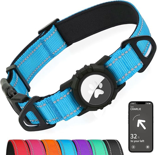 Joytale Airtag Dog Collar, Dual D-Rings, Reflective Pet Collar with Waterproof AirTag Holder, Soft Padded Adjustable for Medium Dogs, SkyBlue, M